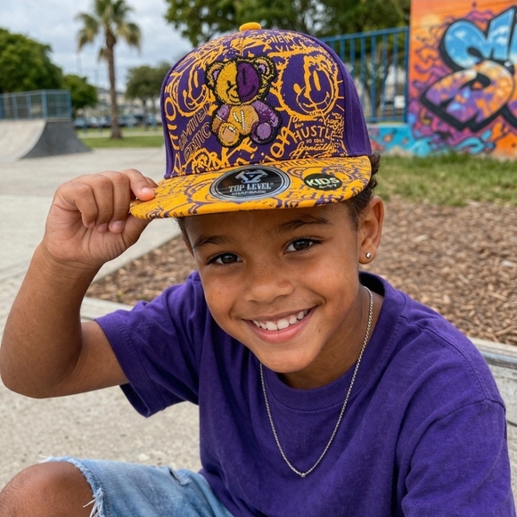 Top Level Kids Snapback Hat Purple Gold Bear Graphic Limited Edition Cap - Picture 2 of 10